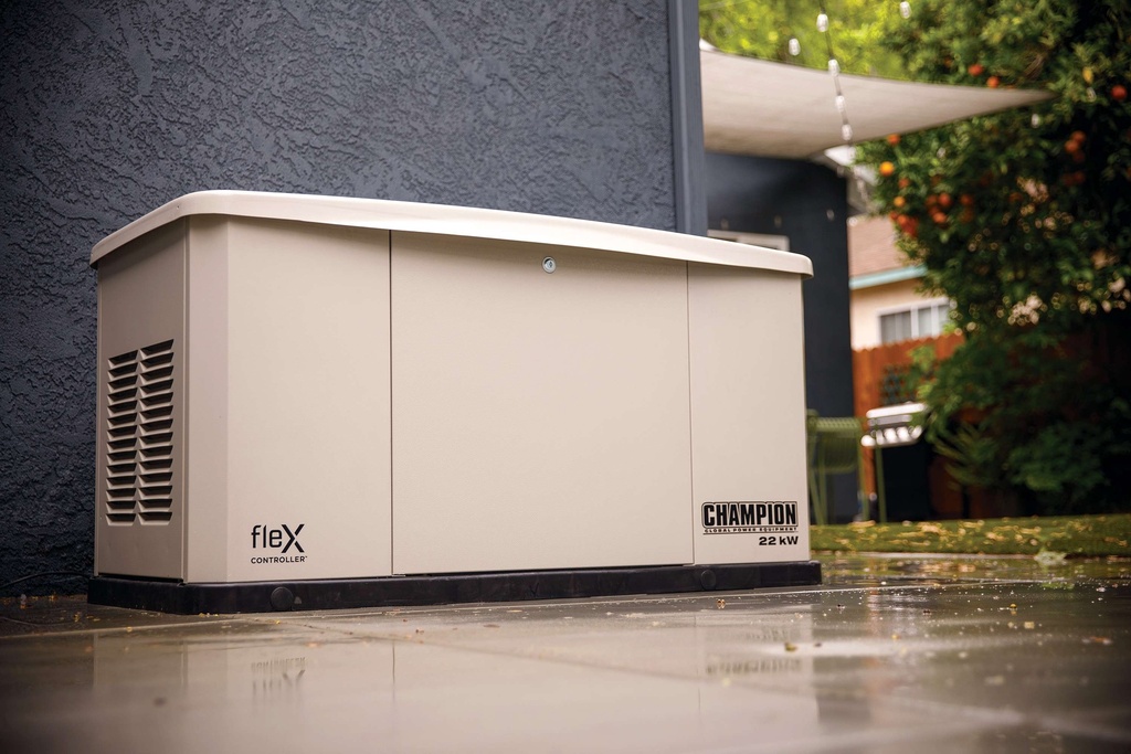 Champion 22,000-Watt Dual Fuel (Liquid Propane/Natural Gas) Whole House Home Standby Generator and 200-Amp Automatic Transfer Switch with fleX Technology and All-Aluminum Enclosure