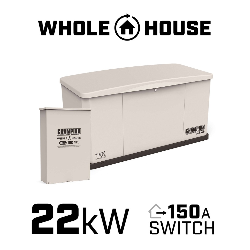 Champion 22,000-Watt Dual Fuel (Liquid Propane/Natural Gas) Whole House Home Standby Generator and 150-Amp Automatic Transfer Switch with fleX Technology and All-Aluminum Enclosure