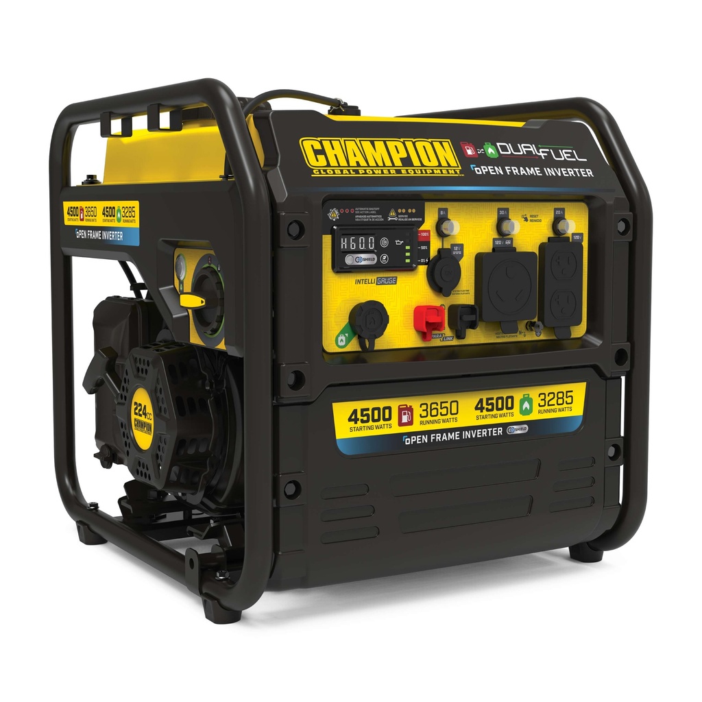 Champion 4500-Watt Electric Start Dual Fuel RV Ready Portable Open Frame Inverter Generator with Quiet Technology and CO Shield®