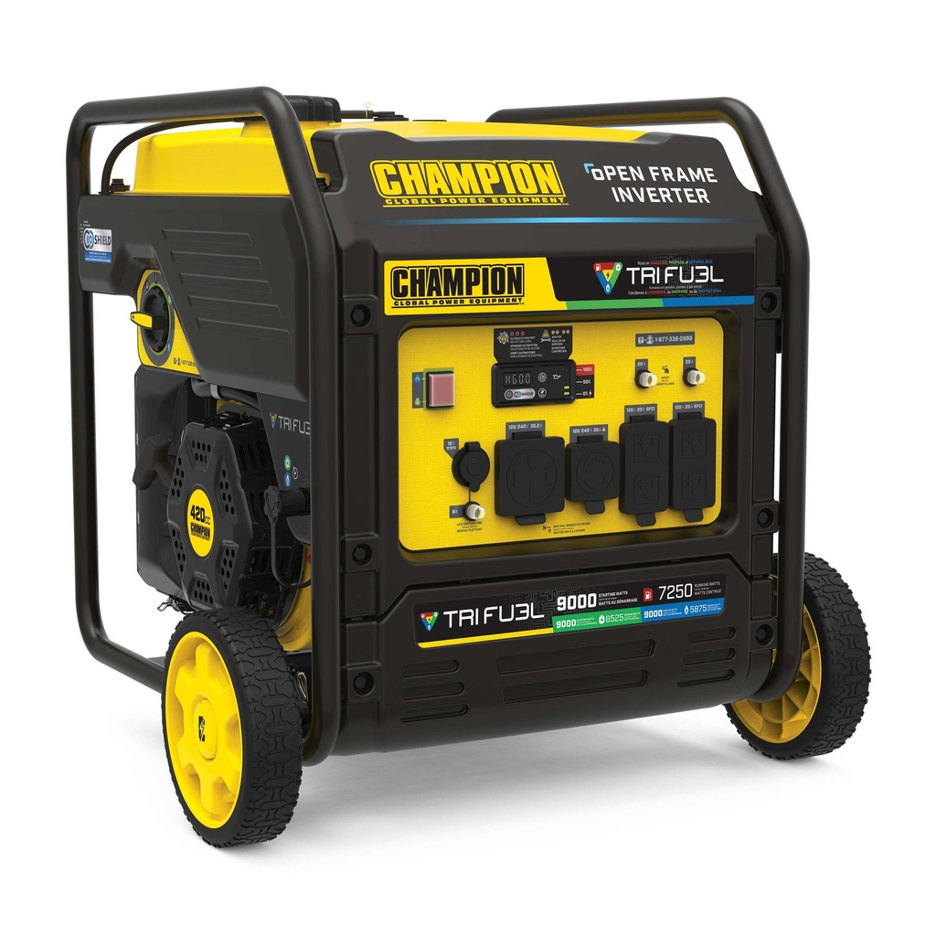 Champion 9000-Watt Electric Start Tri Fuel Home Backup Portable Open Frame Inverter Generator with Quiet Technology and CO Shield®
